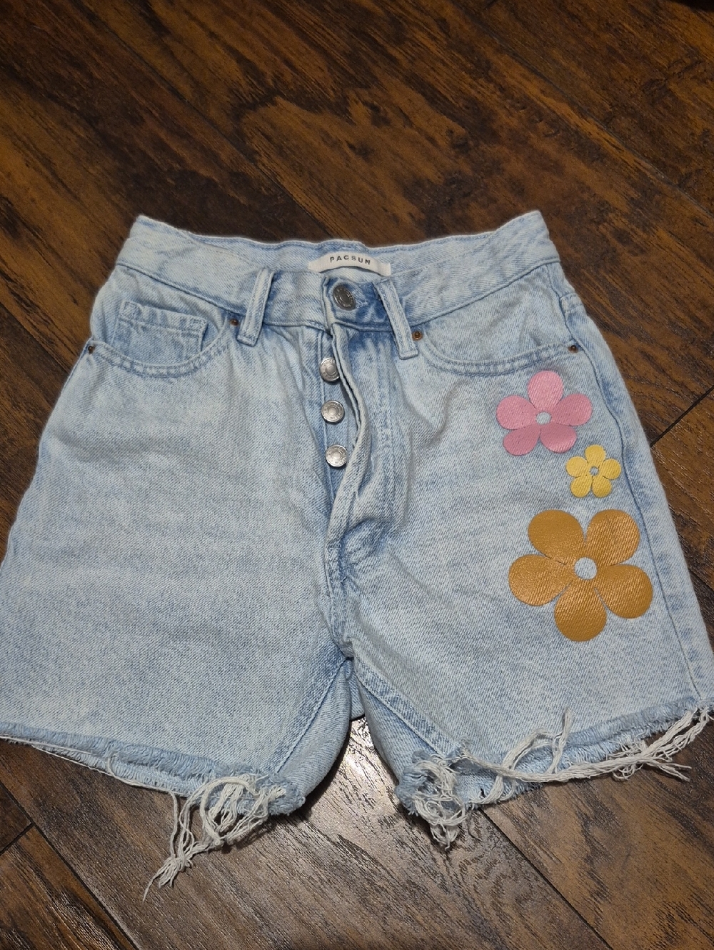 PacSun Light Blue Denim High-Rise Shorts with Pink & Gold Flower Appliqués